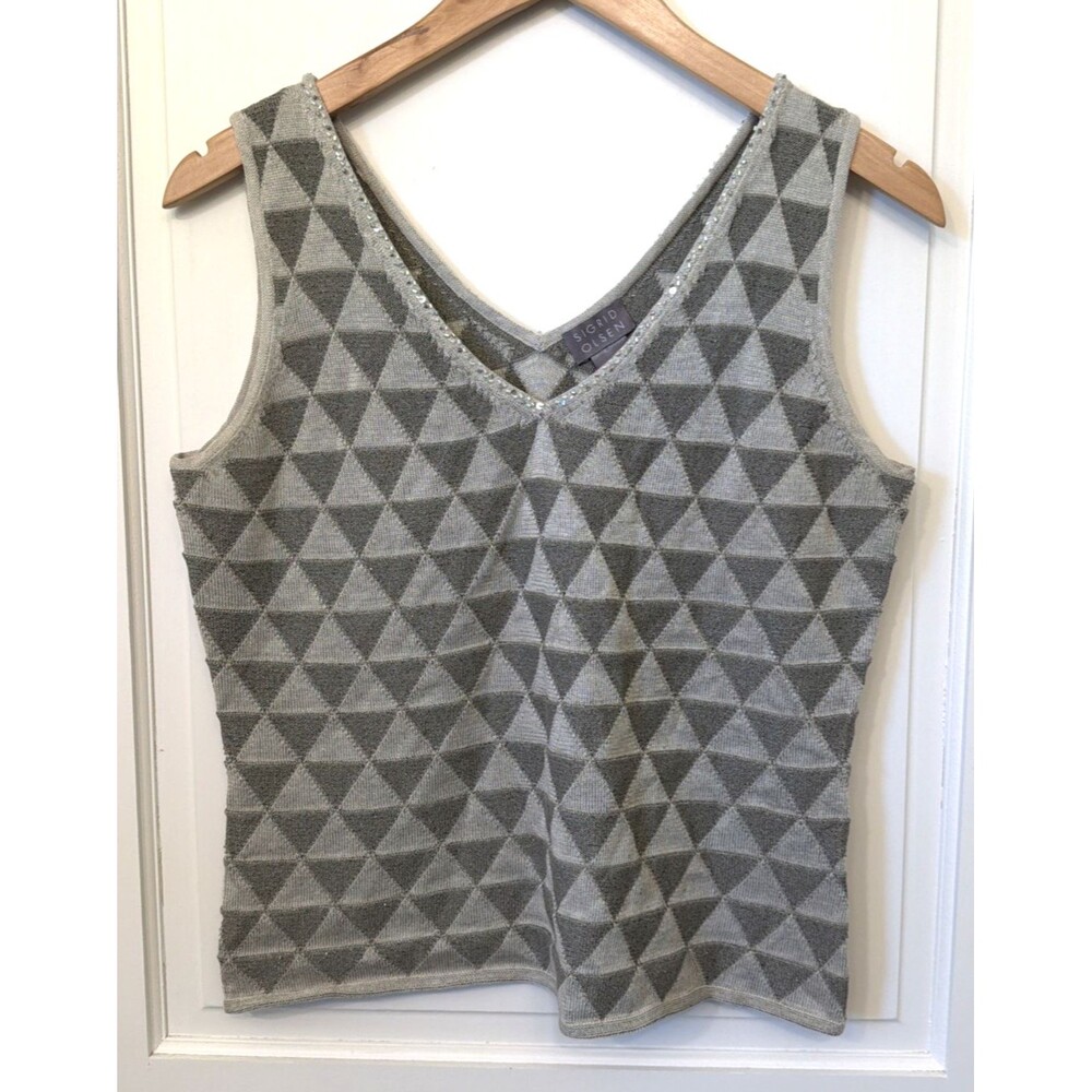 Y2K Sigrid Olsen Silk Blend Beads Triangle Geo Design Metallic V Neck Tank Top M